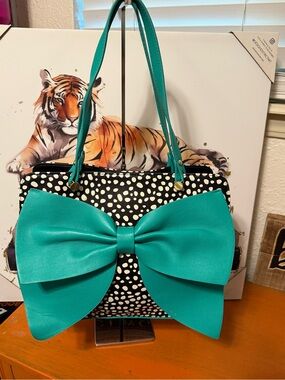 Betsey Johnson Black & Teal Polka Dot Satchel with Oversized Bow